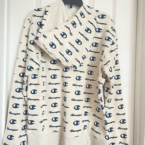 Champion Fleece Hoodie All Over Print Script, Kangaroo Packet, Ribbed Cuffs